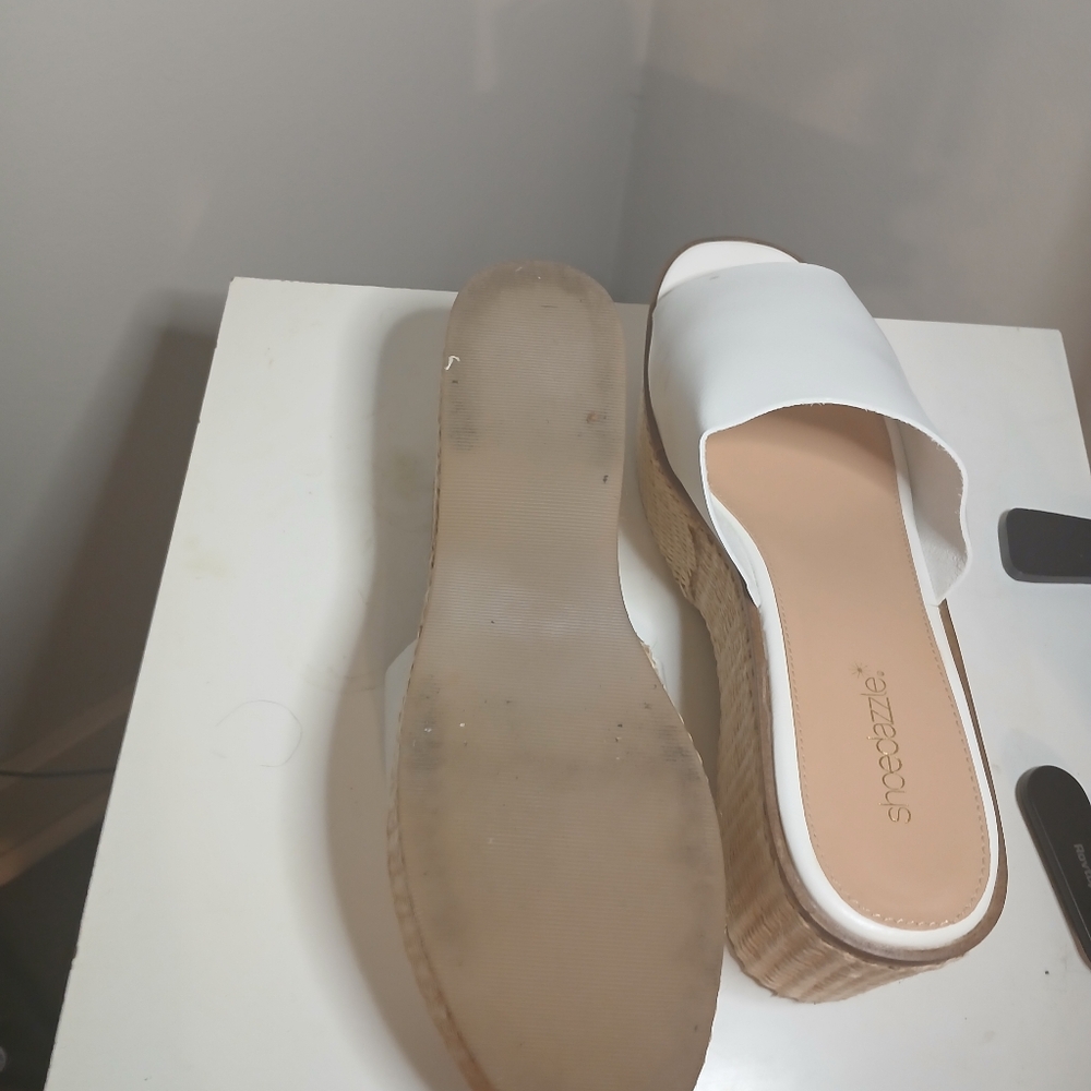 Shoe Dazzle White and Tan Wedge Shoes with Streamlined Silhouette